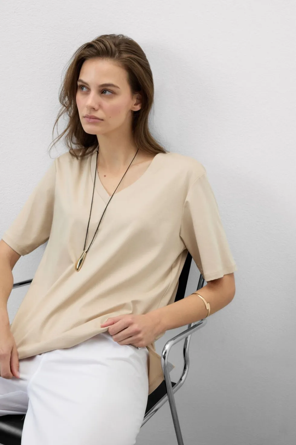 Bluzka z Krótkim Rękawem z Dekoltem w Serek z bawełny Elevated Cotton