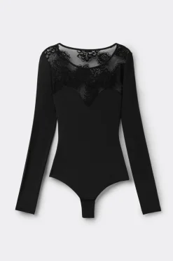 Body z Długim Rękawem z Tkaniny Fresh Bamboo i Koronki Sensual Texture