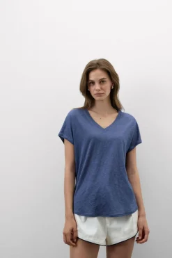 Lniana Bluzka zKrótkim Rękawem iDekoltem wSerek The Pure Linen