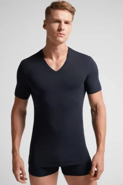 T-shirt z Dekoltem w Kształcie Litery V z Elastycznej Bawełny Superior