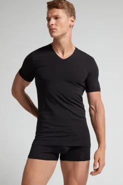 T-shirt z Dekoltem w Kształcie Litery V z Elastycznej Bawełny Superior