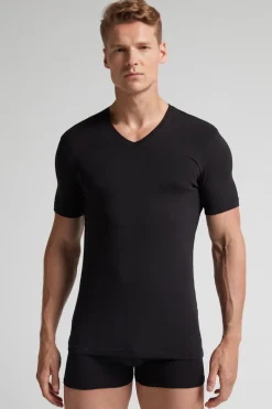 T-shirt z Dekoltem w Kształcie Litery V z Elastycznej Bawełny Superior