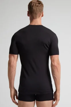 T-shirt z Dekoltem w Kształcie Litery V z Elastycznej Bawełny Superior